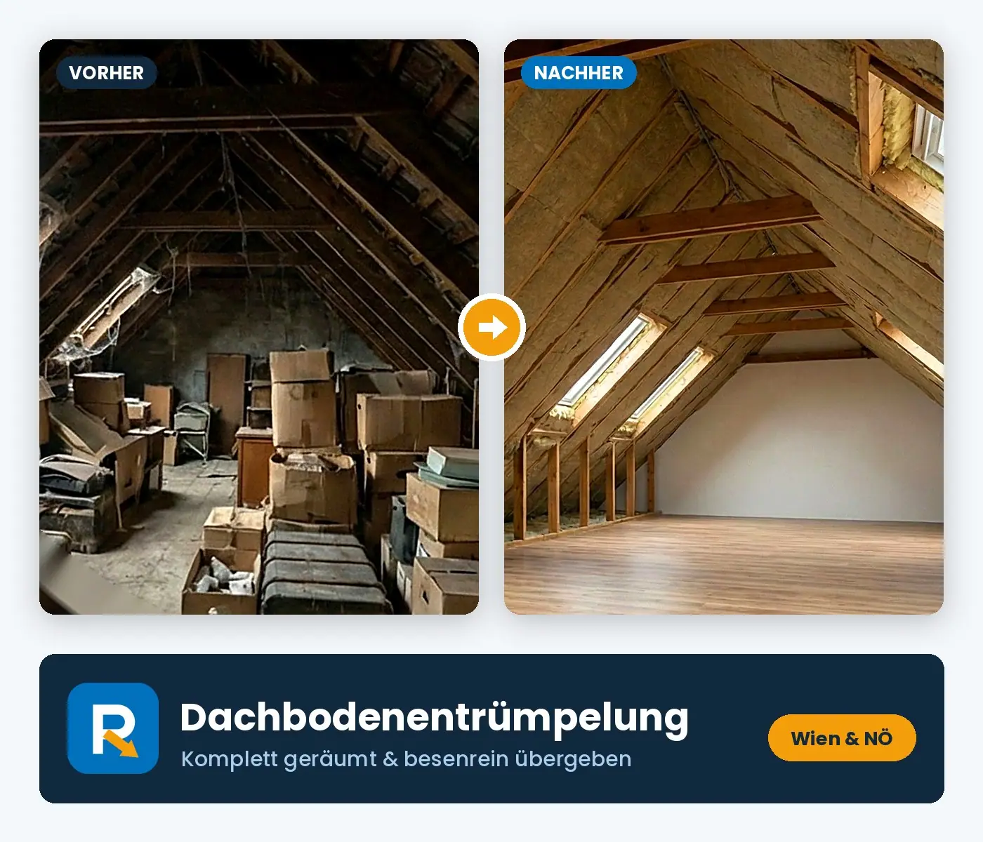 Dachbodenentrümpelung: Objekt vor der Räumung und derselbe Raum besenrein übergeben