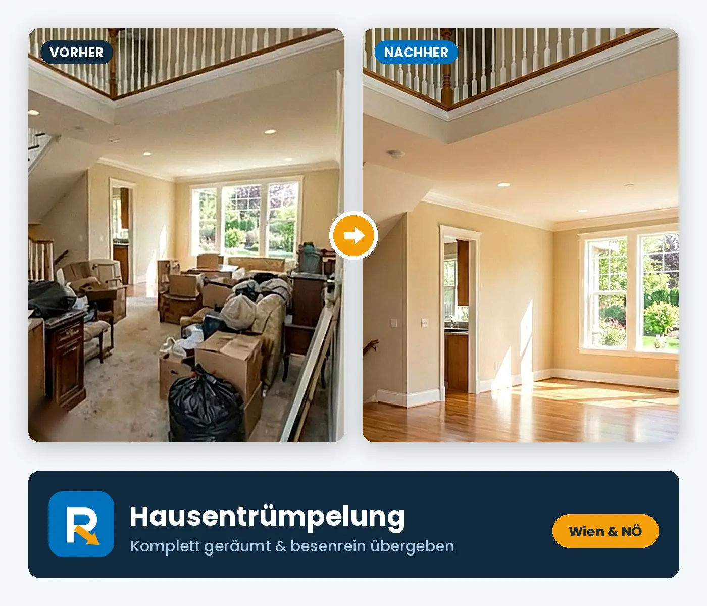 Hausentrümpelung: Objekt vor der Räumung und derselbe Raum besenrein übergeben