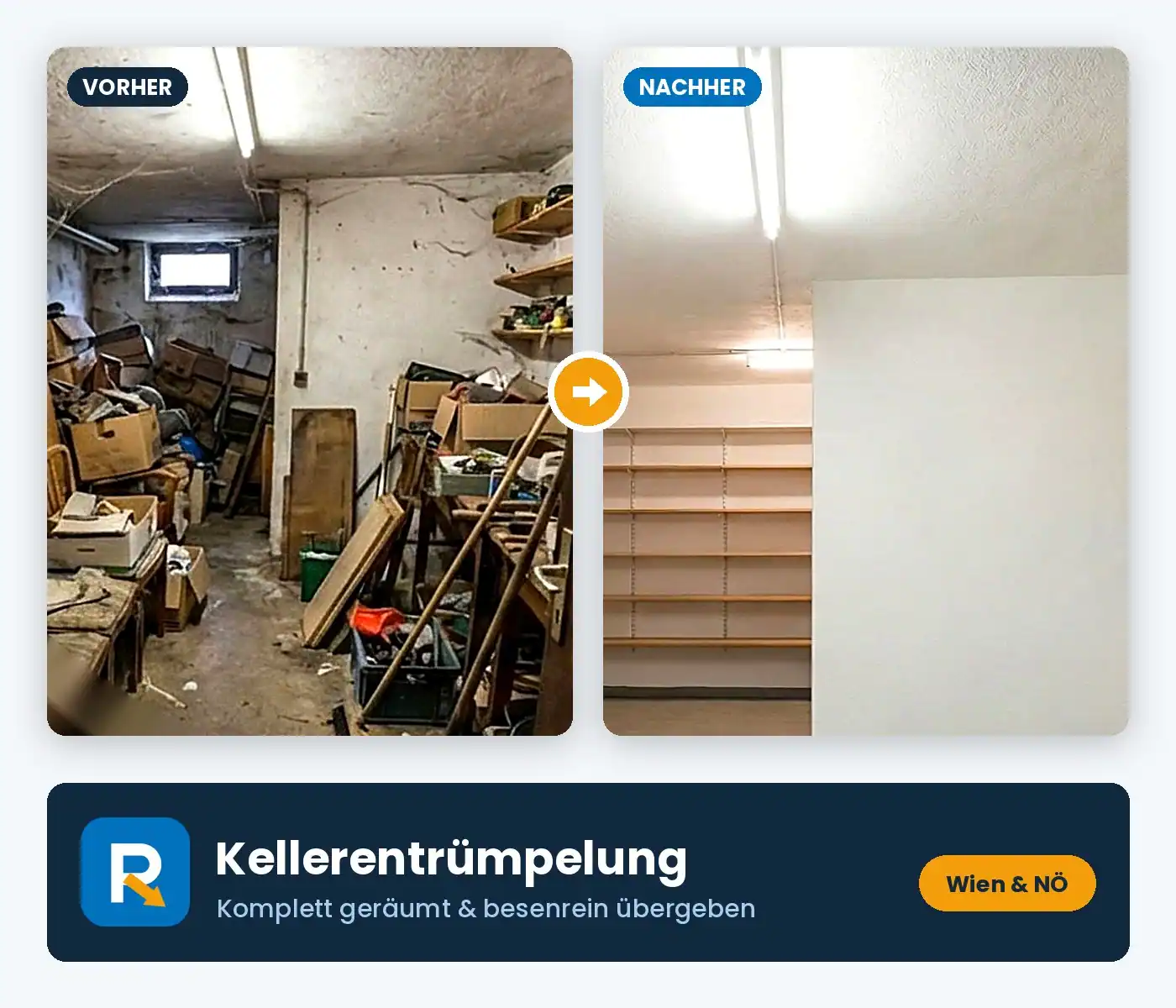 Vollgestellter Kellerraum, daneben derselbe Keller leer geräumt mit freien Regalböden