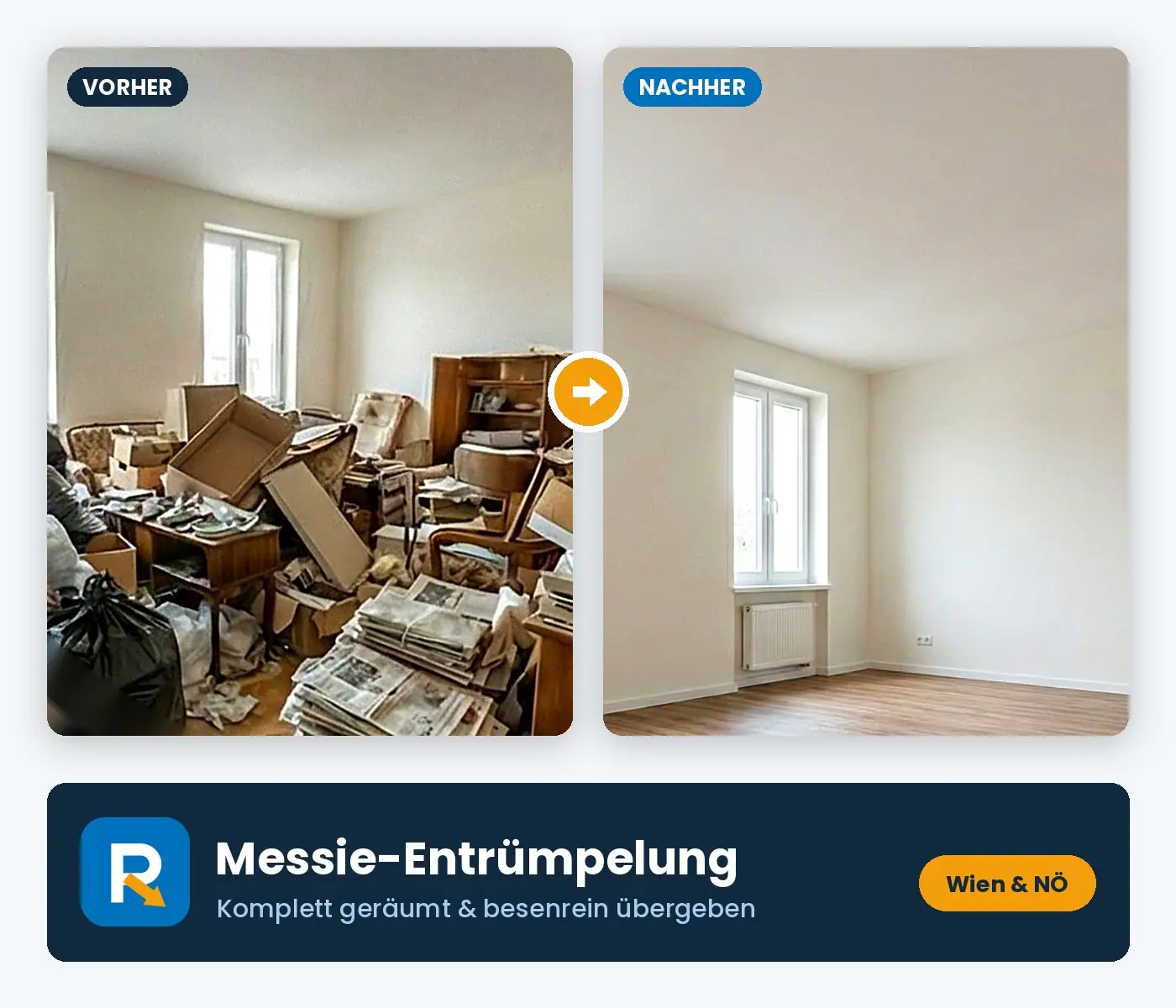 Messie-Entrümpelung: Objekt vor der Räumung und derselbe Raum besenrein übergeben