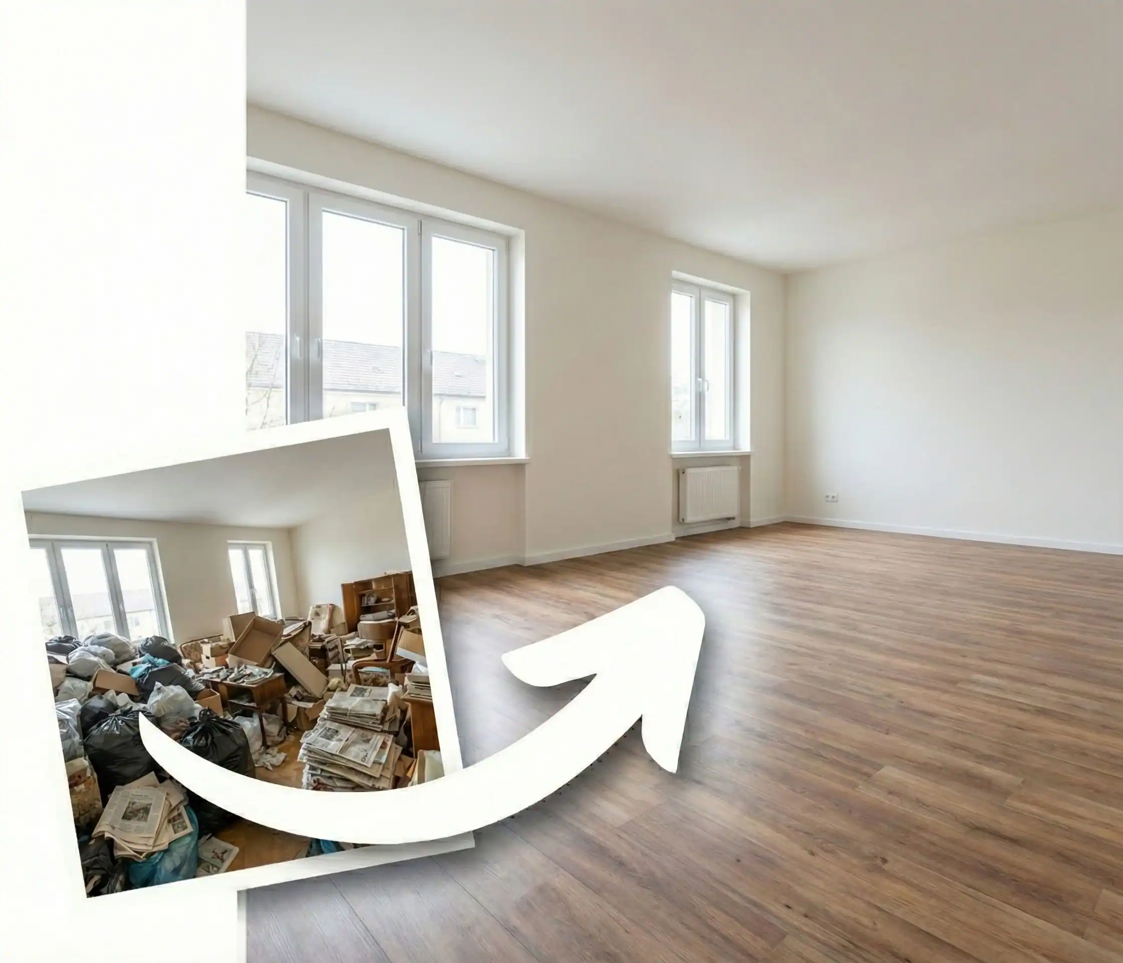 Stark vollgeräumter Wohnraum, daneben derselbe Raum vollständig geleert