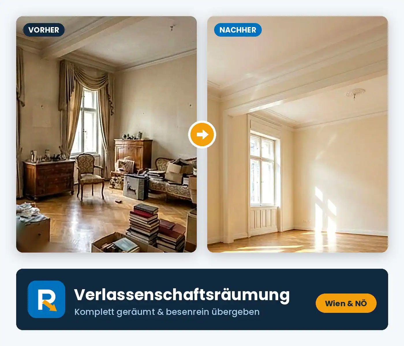 Wohnung eines Nachlasses vor der Räumung, daneben derselbe Raum leer und besenrein