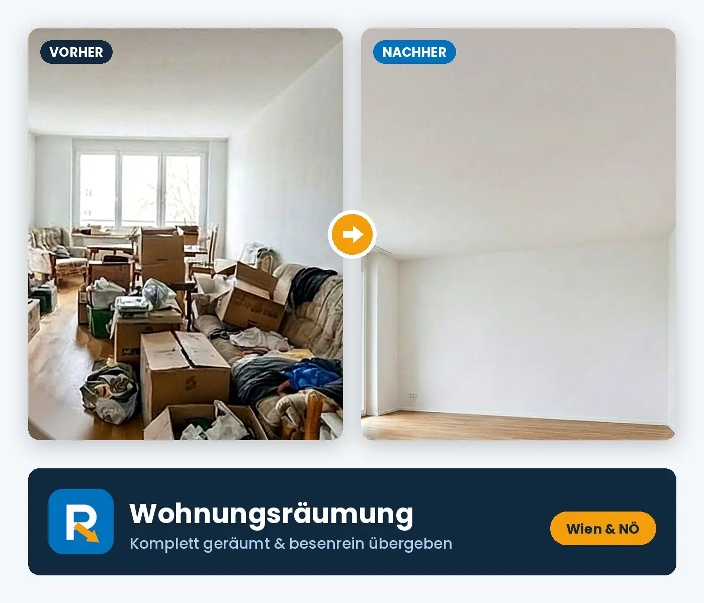 Wohnungsräumung: Objekt vor der Räumung und derselbe Raum besenrein übergeben