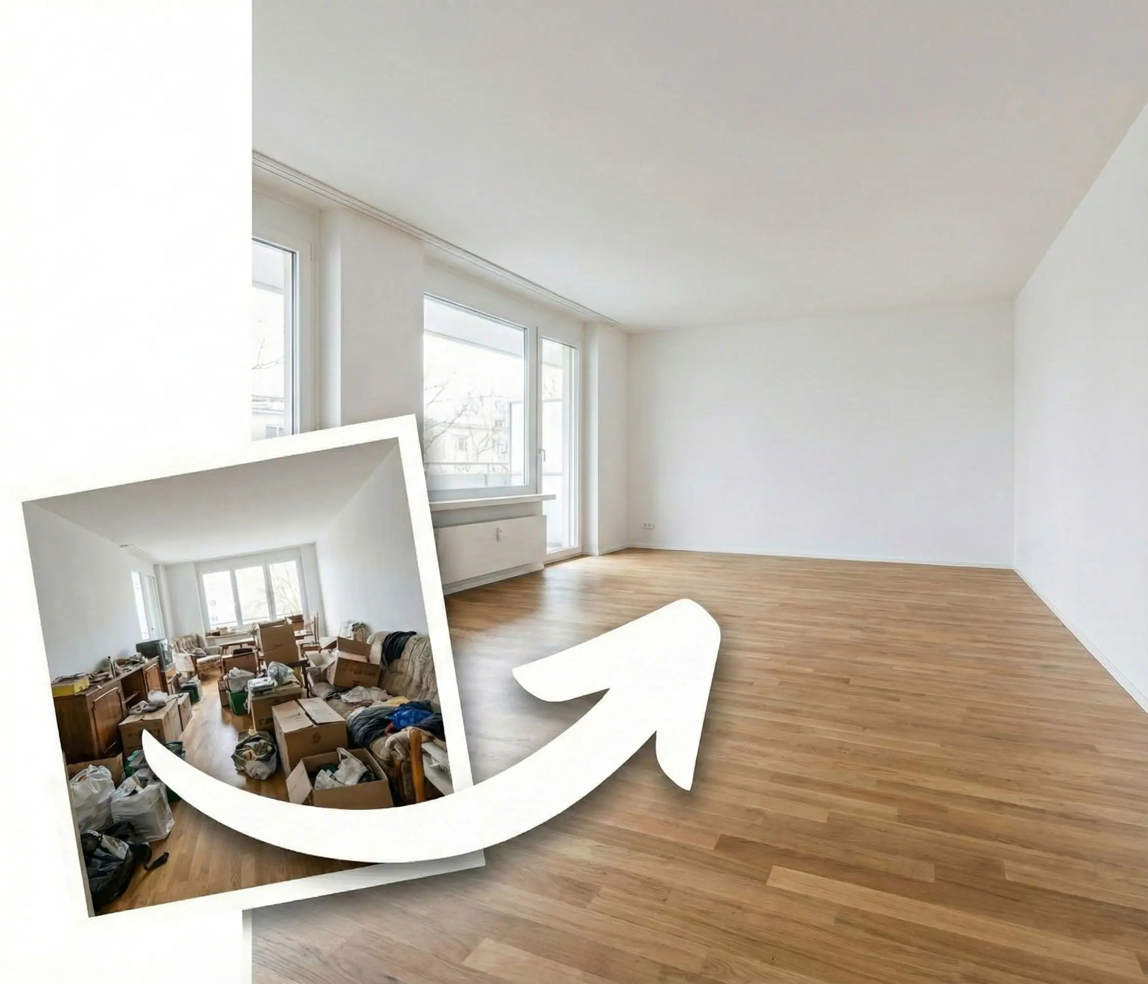 Wohnungsräumung: Objekt vor der Räumung und derselbe Raum besenrein übergeben
